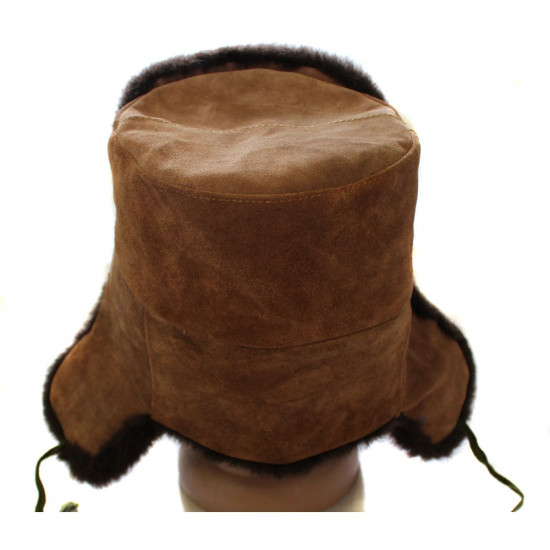 Soviet brown warm winter ushanka hat with star pin badge