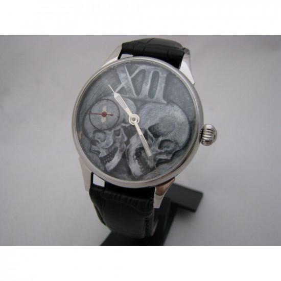 Russian Gothic wrist watch with skulls Molniya mechanical with tansparent mechanism back