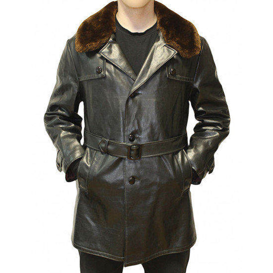 Soviet Generals black leather   overcoat with fur collar