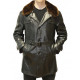 Manteau russe en cuir noir soviétique avec col en fourrure