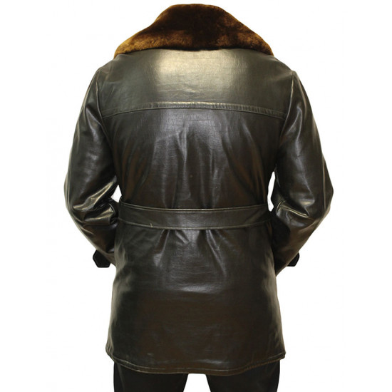 Soviet Generals black leather   overcoat with fur collar