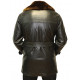 Manteau russe en cuir noir soviétique avec col en fourrure