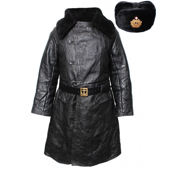   Black Bekesha Tulup Leather Sheepskin Coat Soviet Navy High Rank Officers