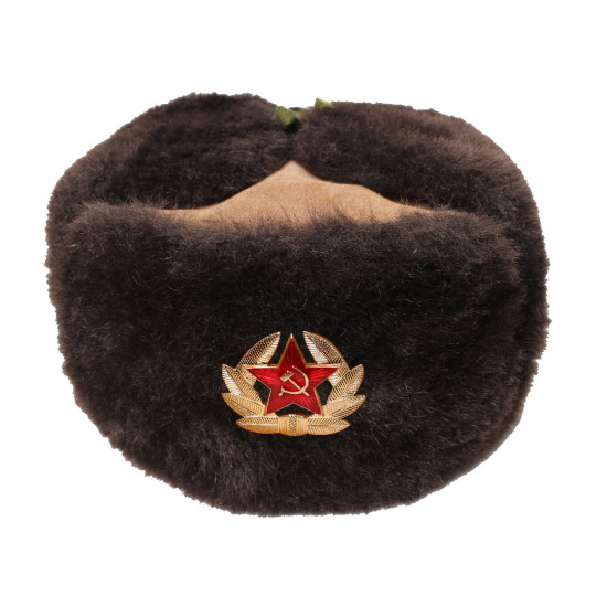 Soviet brown warm winter ushanka hat with star pin badge