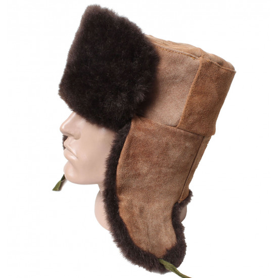 Soviet brown warm winter ushanka hat with star pin badge