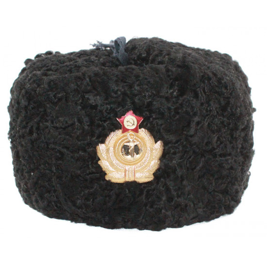 Soviet   naval admiral winter original black astrakhan fur and leather ushanka hat earflaps