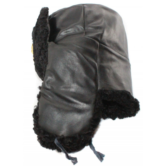 Soviet   naval admiral winter original black astrakhan fur and leather ushanka hat with handmade cocarde