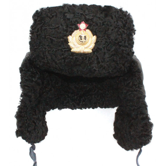 Soviet russian naval admiral winter original black astrakhan fur and leather ushanka hat earflaps