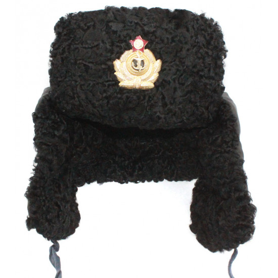 Invierno del almirante naval ruso soviético piel de astracán negra original y cuero ushanka sombrero earflaps