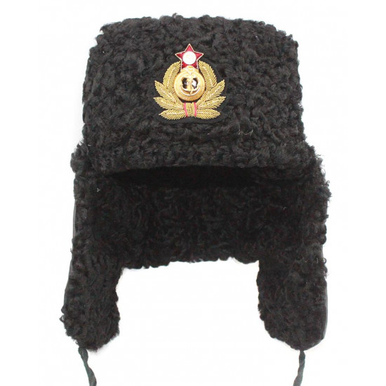 Sowjetischen russischen marine admiral winter original schwarz astrakhan pelz und leder ushanka hat mit handgemachten cocarde