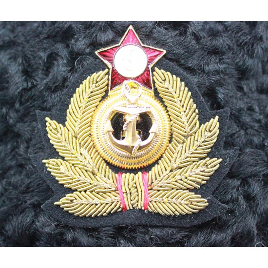 Soviet   naval admiral winter original black astrakhan fur and leather ushanka hat with handmade cocarde