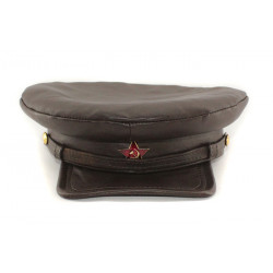Exclusive soviet natural leather type brown visor hat called "komissarka' 