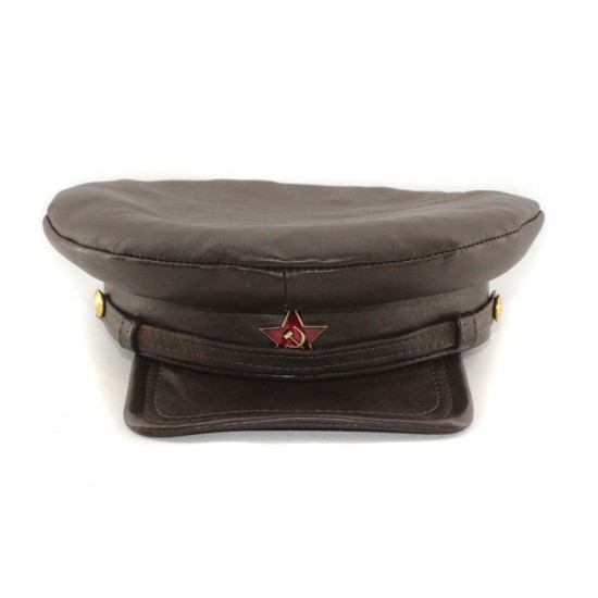 Exclusive soviet natural leather   nkvd type brown visor hat called "komissarka' 