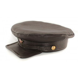 Exclusive soviet natural leather type brown visor hat called "komissarka' 