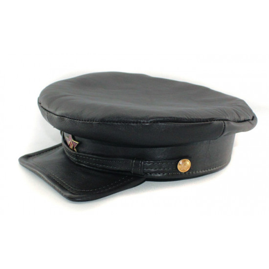 Exclusive soviet natural leather   nkvd type black visor hat called "komissarka' 
