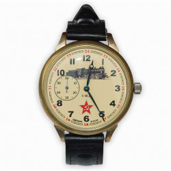 Montre soviétique de montre-bracelet "Chemins de fer avec gravure de train" Molniya Montre soviétique de montre-bracelet "Chemins de fer avec gravure de train" Molniya