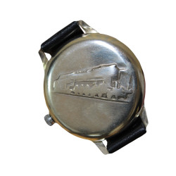 Montre soviétique de montre-bracelet "Chemins de fer avec gravure de train" Molniya Montre soviétique de montre-bracelet "Chemins de fer avec gravure de train" Molniya