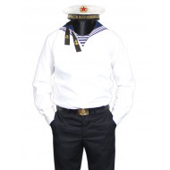 Le soviétique blanc / le marin naval russe fait étalage de l`uniforme avec le col Le soviétique blanc / le marin naval russe fait étalage de l`uniforme avec le col