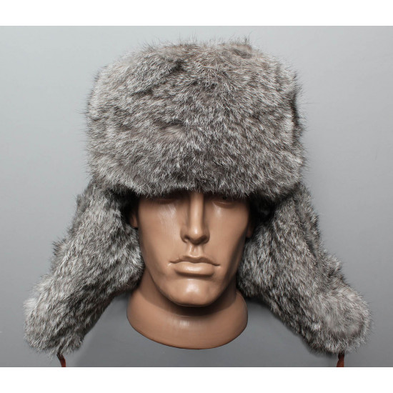 Soviet / russian original soft fluffy rabbit fur winter hat ushanka grey