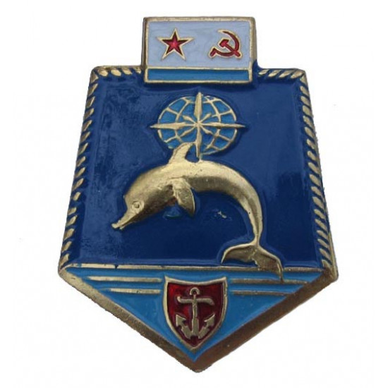 Soviet metal underwater fleet emblem badge with dolphin