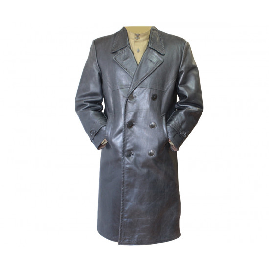 Soviet black officers leather double-breasted overcoat