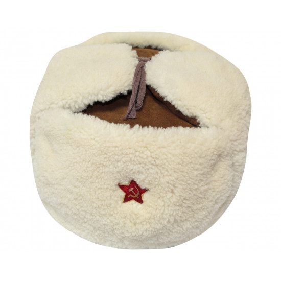 Soviet russian white fur ushanka military officer rkka earflaps hat