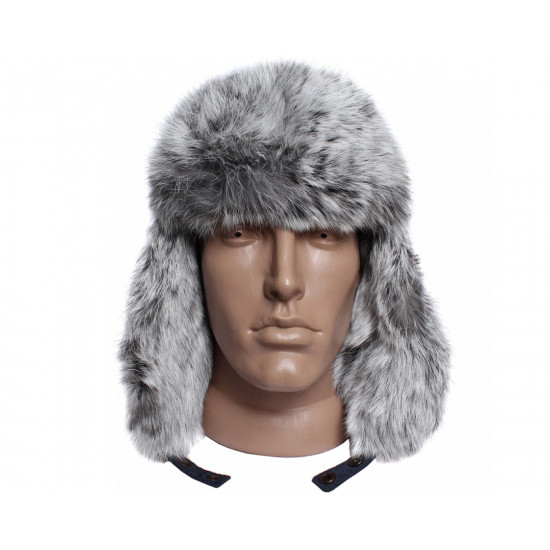 Earflaps winter ushanka hat with gray rabbit fur