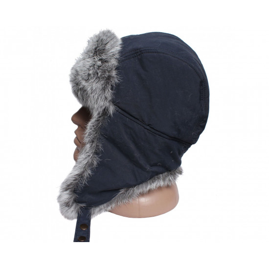 Earflaps winter ushanka hat with gray rabbit fur