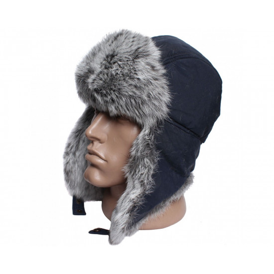 Earflaps winter ushanka hat with gray rabbit fur