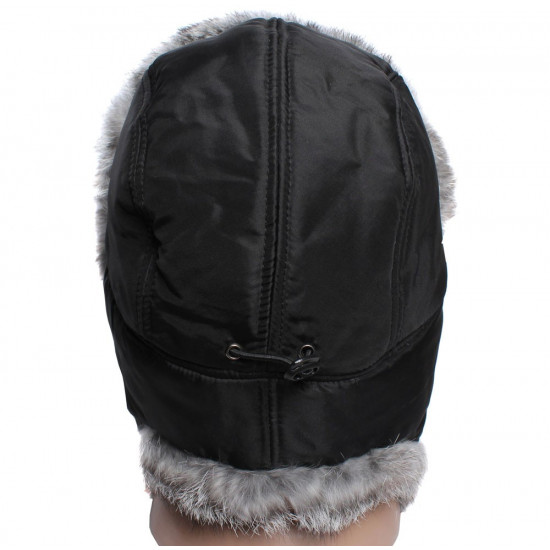 Earflaps winter ushanka hat with gray rabbit fur