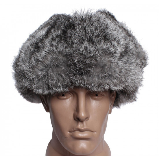 Earflaps winter ushanka hat with gray rabbit fur