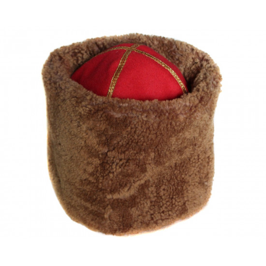 Warm winter Papaha brown fur hat with red top